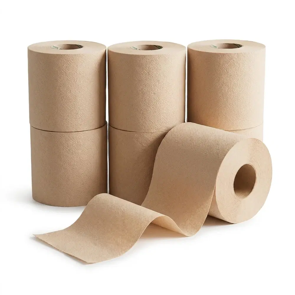 Biogreen bamboo toilet paper rolls, one unrolled in front