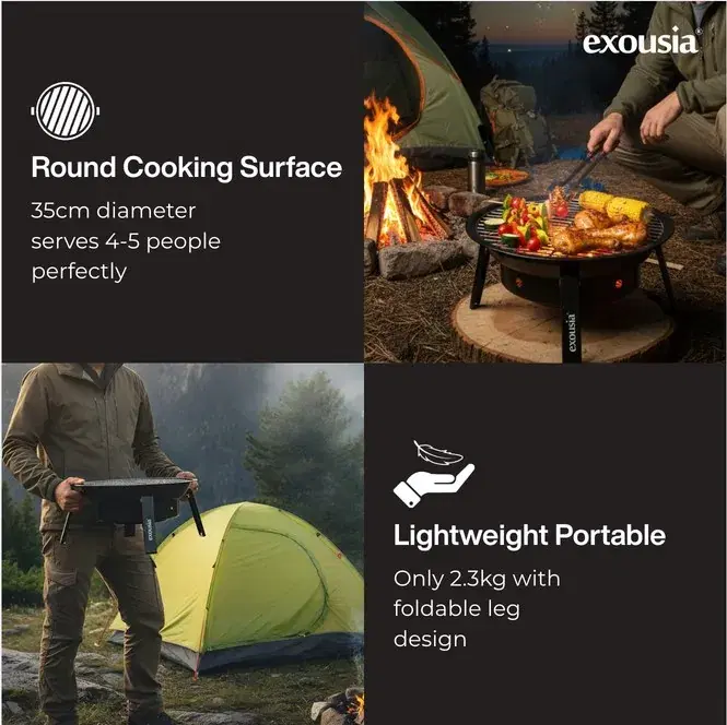 Exousia portable grill in use at a campsite