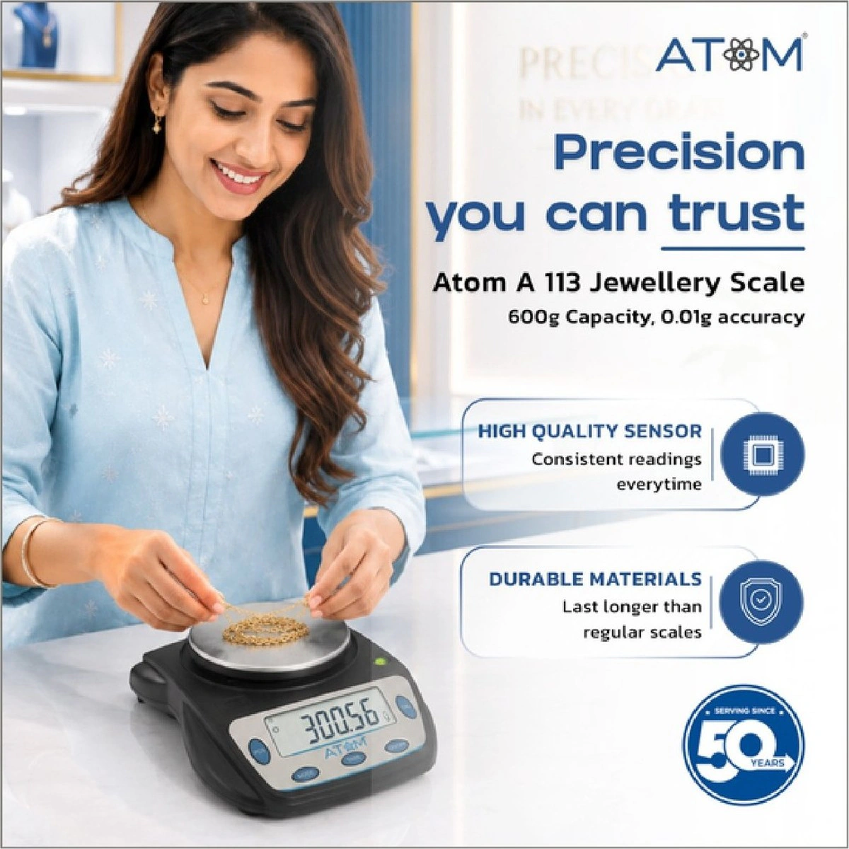 Atom jewellery scale infographic: precision you can trust
