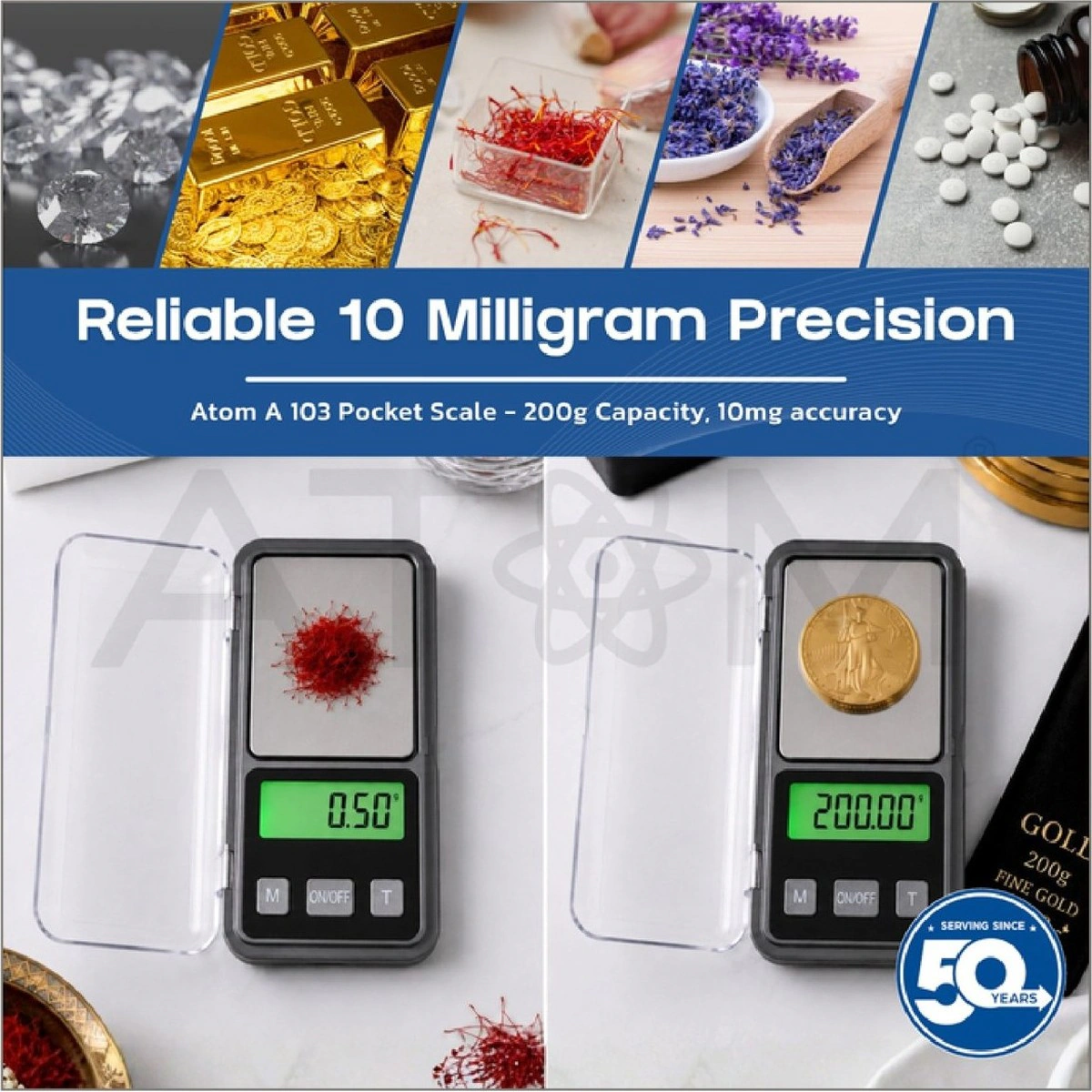 Atom pocket scale: reliable 10 milligram precision