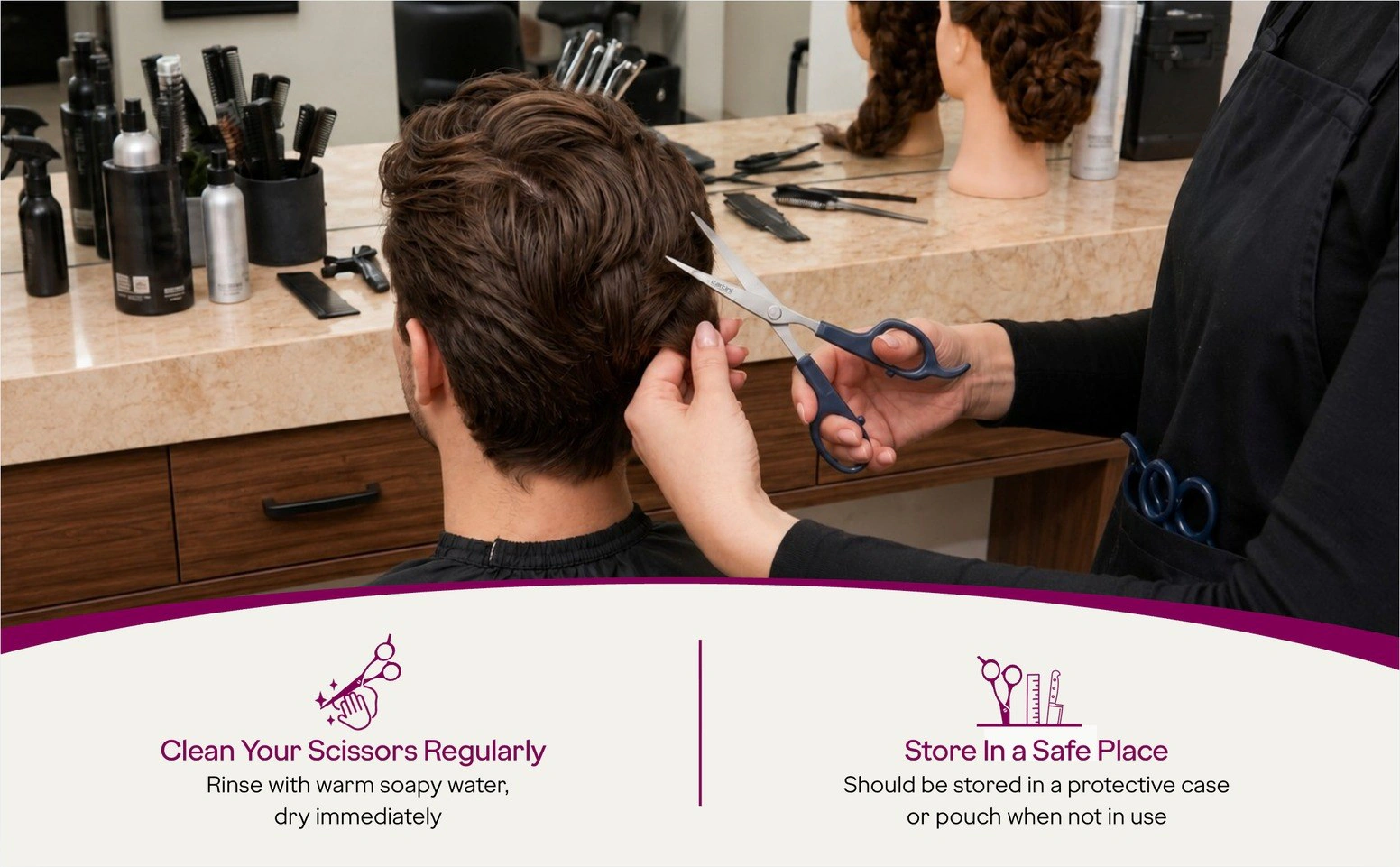 Cartini scissors care infographic: clean regularly and store in a safe place