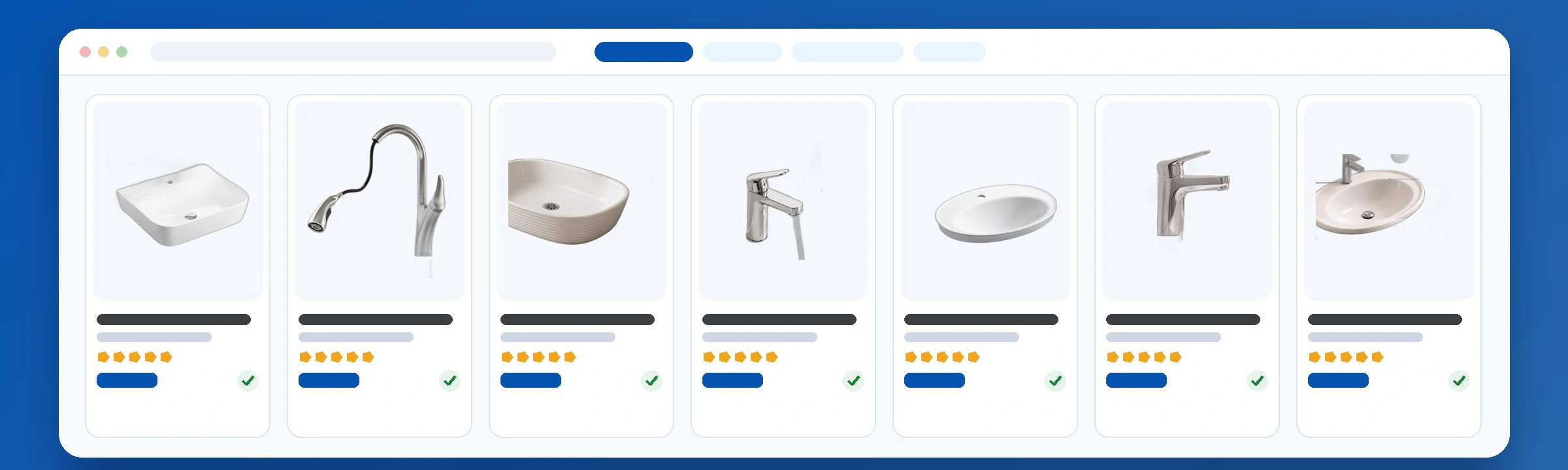 Grid of bath and kitchen product listings: basins and faucets